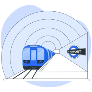 IT Support header image displaying a Sphere IT themed London tube with IT Support underground station sign on the right