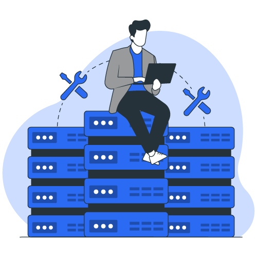 server support services - man sitting on top of servers providing server support to our customers